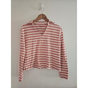 Boden Womens Notch Collar Stripe Top Long Sleeve Striped Ivory Pink Boxy Small